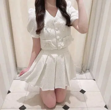 에블린 에블린 칼라 비즈 트위드 세트 세트업 화이트