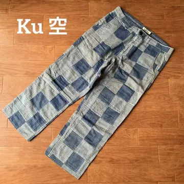 쿠 켈리 데님 샴브레이 패치워크 이지 팬츠 인디고 염색