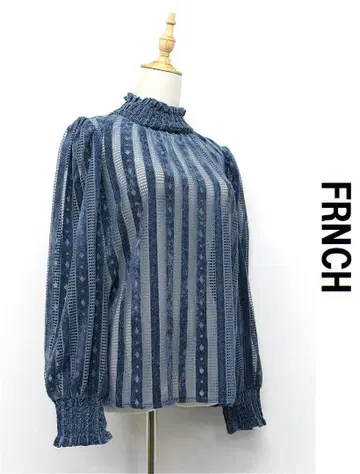 M441/새상품급 FRNCH 시스루 블라우스 스트라이프 스트레치 M 파랑