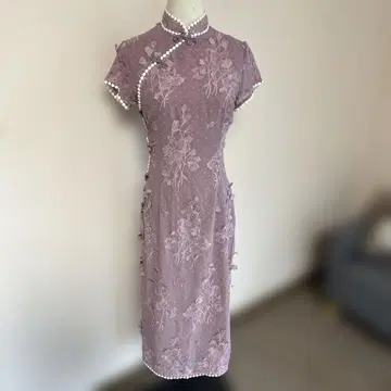 꽃 도트 레이스 롱 차이나 드레스 핑크 S 정장