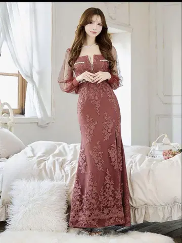 핑크 브라운 레이스 장식 드레스