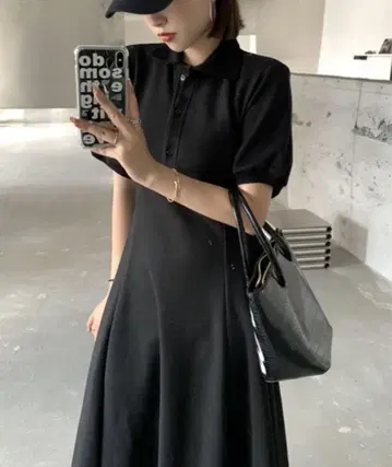 원피스 폴로 카라 플레어 롱 원피스 M 블랙