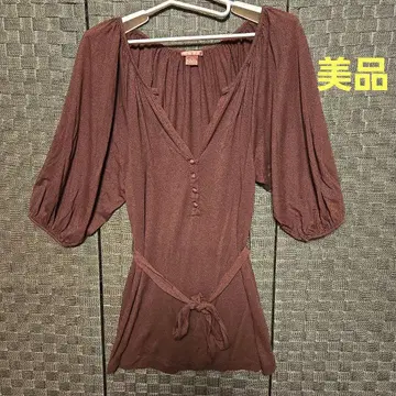 브라운 V넥 튜닉 반소매