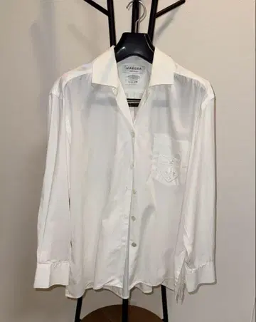예거 화이트 장소매 셔츠 가슴 포켓 자수 빈티지