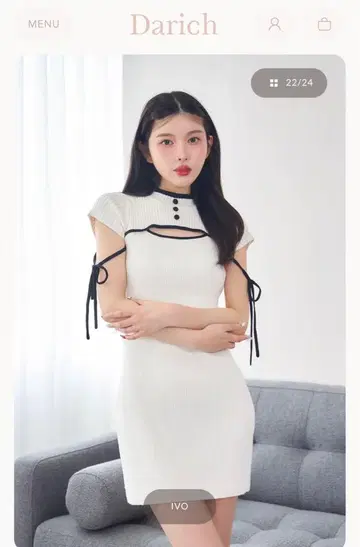 다리치 파이핑 리본 디자인 니트 미니 원피스