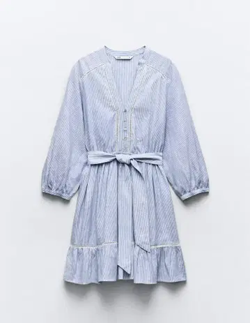 신품 ZARA 레이스 트림 스트라이프 원피스 라이트 블루