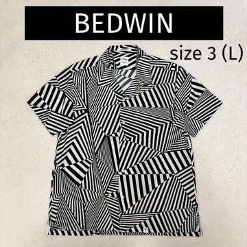 BEDWIN 베드윈 화이트 x 블랙 기하학 무늬 오픈 카라 반팔 셔츠