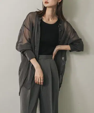 밴드 칼라 샴브레이 시어 셔츠