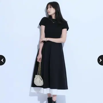 블랙 반팔 니트 롱 원피스 백리본