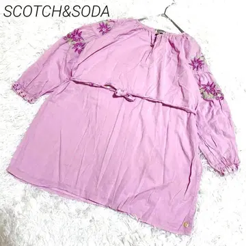 SCOTCH&SODA 핑크 꽃무늬 자수 반소매 튜닉 버튼 허리 리본