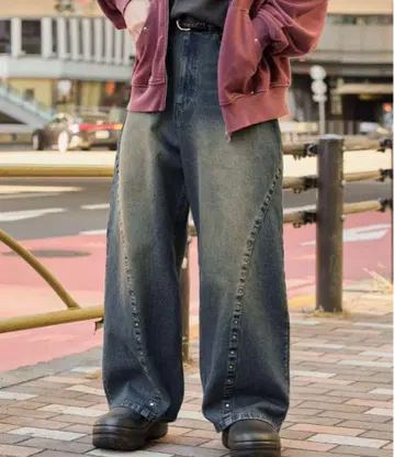 커브 스터드 빈티지 가공 와이드 데님 팬츠