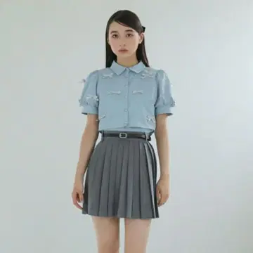 BUBBLES 미니 리본 블라우스 스카이블루 리본 포함 반팔 셔츠 버블스