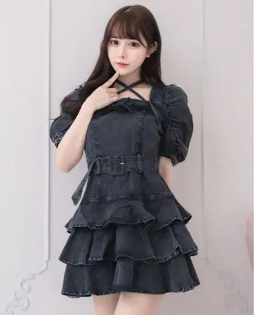 Pium 티어드 프릴 미니 원피스 블랙 데님 Pium