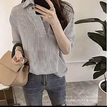 블라우스 스트라이프 여성용 셔츠 스키퍼 톱스 칼라 장식 L