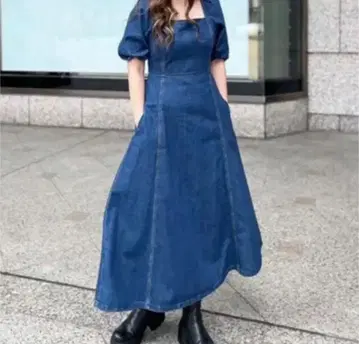 ZARA 롱 데님 원피스 스퀘어 네크라인 퍼프 소매 M