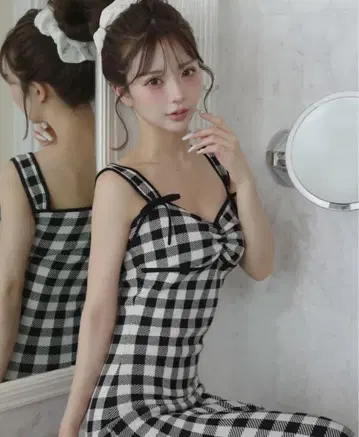 다리치 깅엄 자카드 니트 롱 원피스