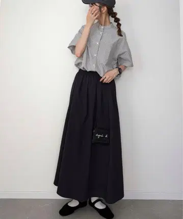 반소매 밴드 칼라 스트라이프 오버 셔츠