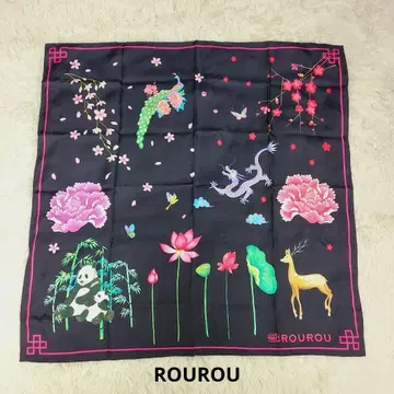 미품 ROUROU 실크 100% 스카프 아시아 판다 사슴 나비 벚꽃 매화