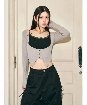 다리치 리본 레이스 레이어드 리브 톱