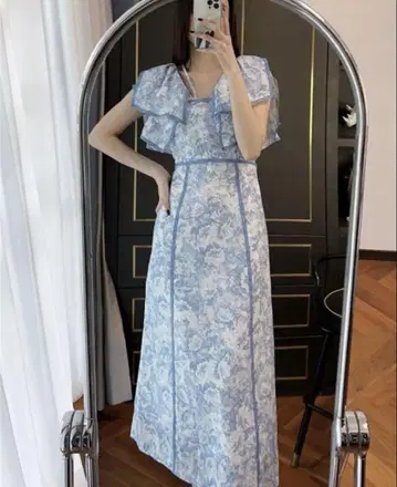 SNIDEL 러플 칼라 롱 원피스 블루