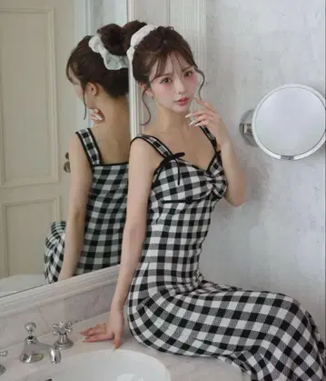 다리치 깅엄 자카드 니트 롱 원피스