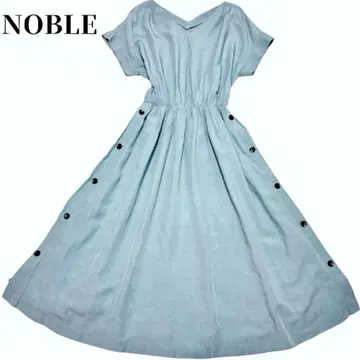 NOBLE 톤 다운 블루 린넨 프렌치 슬리브 플레어 원피스