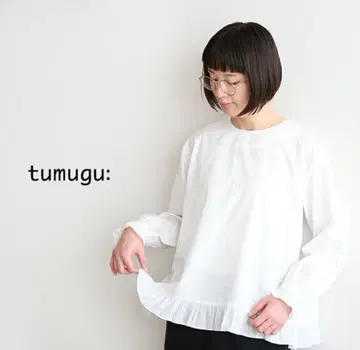 tumugu 코튼 새틴 풀오버 화이트 흰색 프릴 장소매