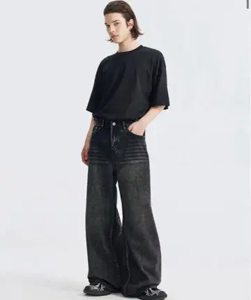 Asapmoda 와이드 데님 블랙 구제 의류 M 사이즈