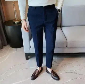 남성용 슬림핏 와플 원단 팬츠 네이비
