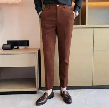 성숙 캐주얼 와플 직조 슬림 테이퍼드 팬츠 (브라운)