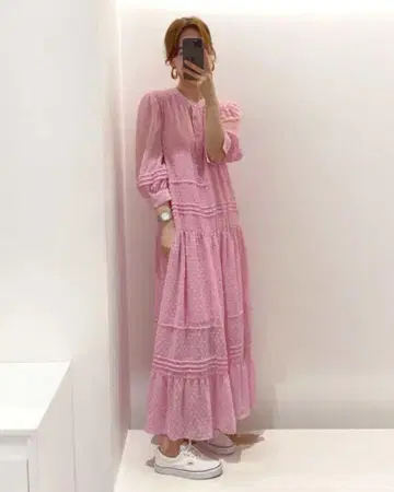 도트 무늬 시어 원피스, 반소매, 핑크, 새 제품 태그 포함