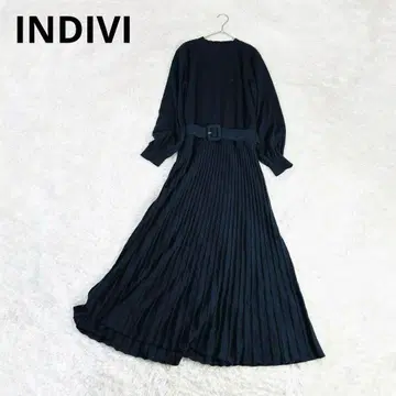 450 INDIVI 니트 원피스 벨트 포함 롱 네이비 플리츠