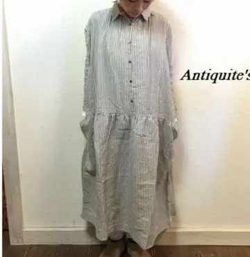 ichi Antiquites 린넨 절개 개더 스트라이프 원피스