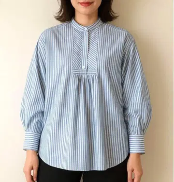 SHIPS 쉽스 스트라이프 밴드 칼라 셔츠 블라우스 긴팔 블루 면