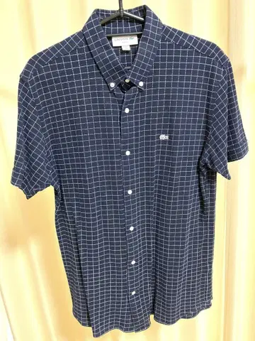 LACOSTE 체크 무늬 반팔 셔츠 US M 네이비 격자 무늬