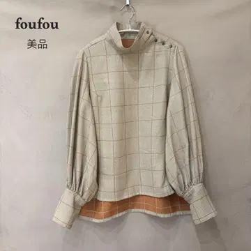 새상품급 foufou 홀리데이 블라우스 체크 하이넥