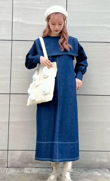 [미사용품급] 메리제니 긴팔 롱 원피스 데님 세일러 원피스 파랑