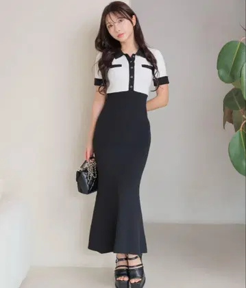 립서비스 프론트 버튼 바이컬러 머메이드 원피스
