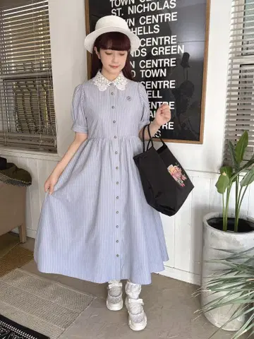 시마무라 아오키 미사코 레이스 카라 스트라이프 셔츠 원피스