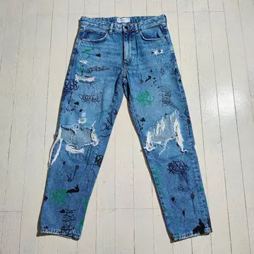 Bershka 핸드 라이팅 올 패턴 크러쉬 데님 팬츠 31