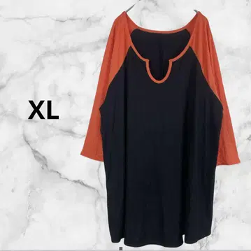 배색 리브 컷소 튜닉 래글런 7부 소매 상의 [XL] 빅 블랙