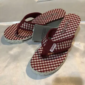 Skechers 미사용 빈티지 빨흰 깅엄 체크 통굽 플립플랍 23m