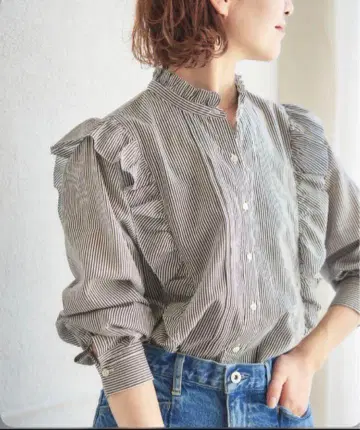 새상품급 스픽 앤 스팬 코튼 실크 핀턱 프릴 블라우스