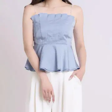 Herlipto Pearl-Strap Frill Top sky