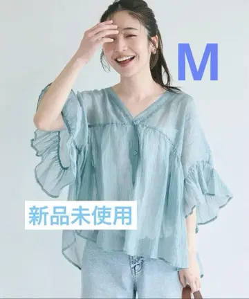 coca 시어 프릴 블라우스 라이트 블루 M 시어 셔츠 시어 블라우스