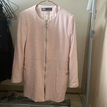 ZARA 노카라 자켓 핑크 체크 무늬