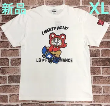 LIBERTY WALK 상의 반팔 T셔츠 화이트 프린트 로고 곰