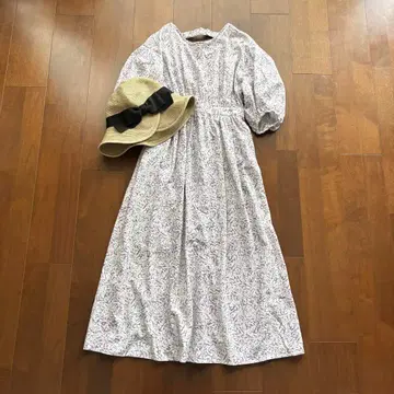 엘렌딕 카레이도스코프 프린트 롱 원피스 퍼프 슬리브 면