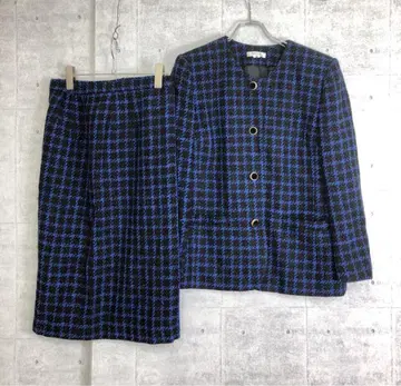 쇼와 버블 라메 혼방 체크 무늬 트위드 노카라 자켓 셋업