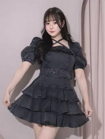 pium 티어드 프릴 미니 원피스 데님